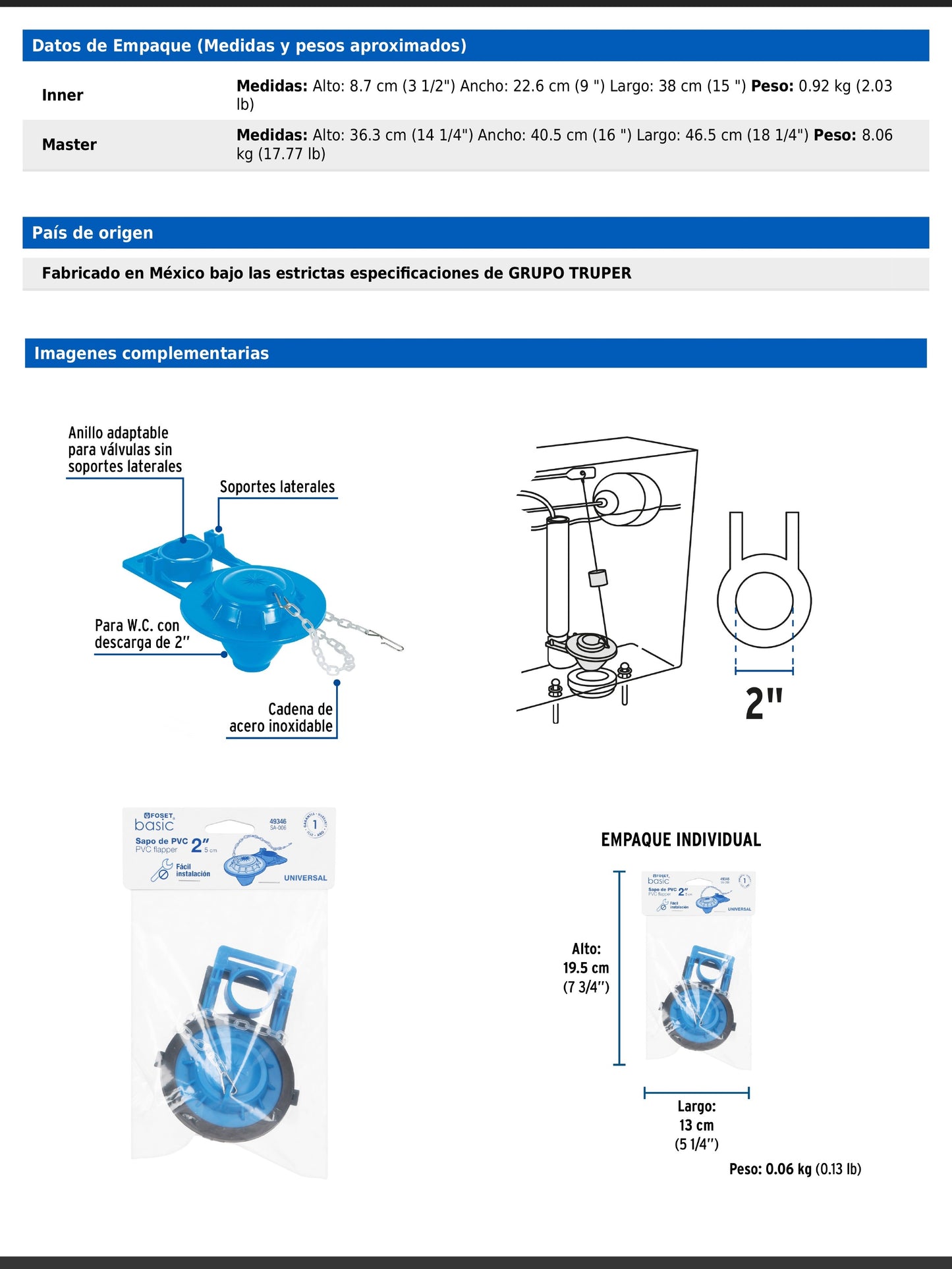 Sapo de PVC azul con cadena plástica de 2" para WC