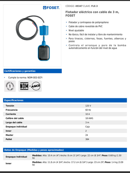 Flotador eléctrico de polipropileno con cable de 3 m