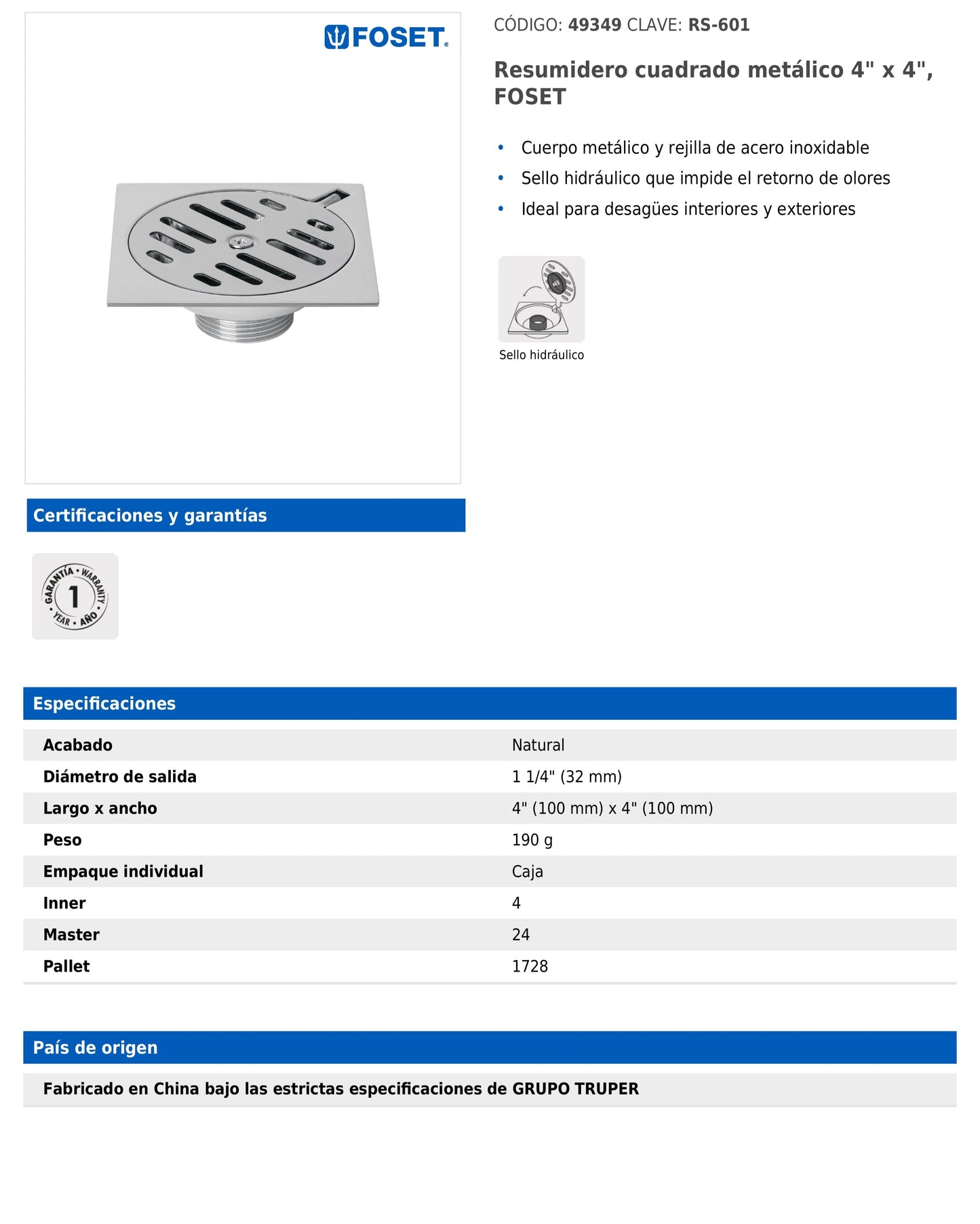 Resumidero Cuadrado Metálico 4" x 4"