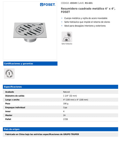 Resumidero Cuadrado Metálico 4" x 4"