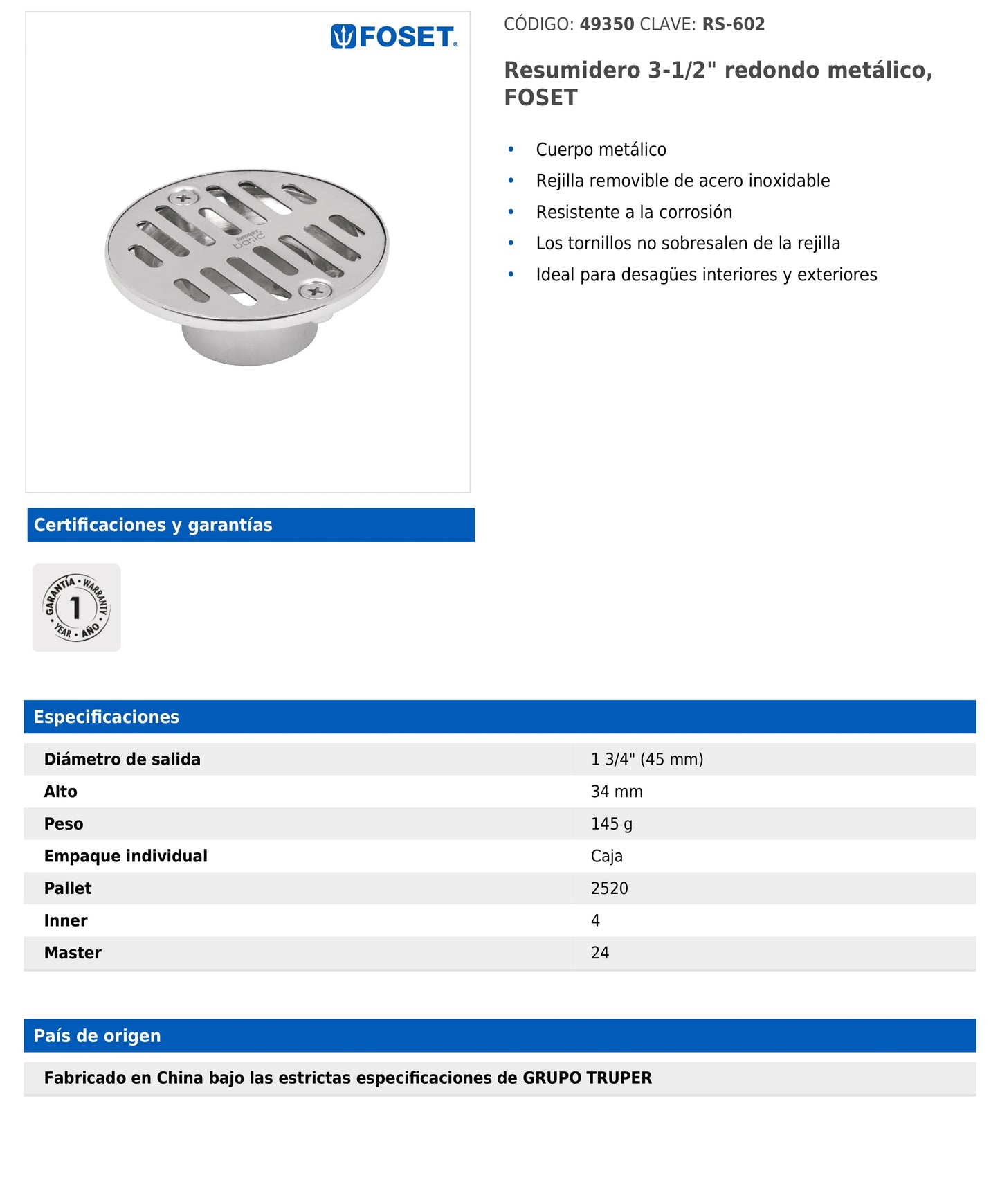 Resumidero redondo metálico de 3 1/2 pulgadas