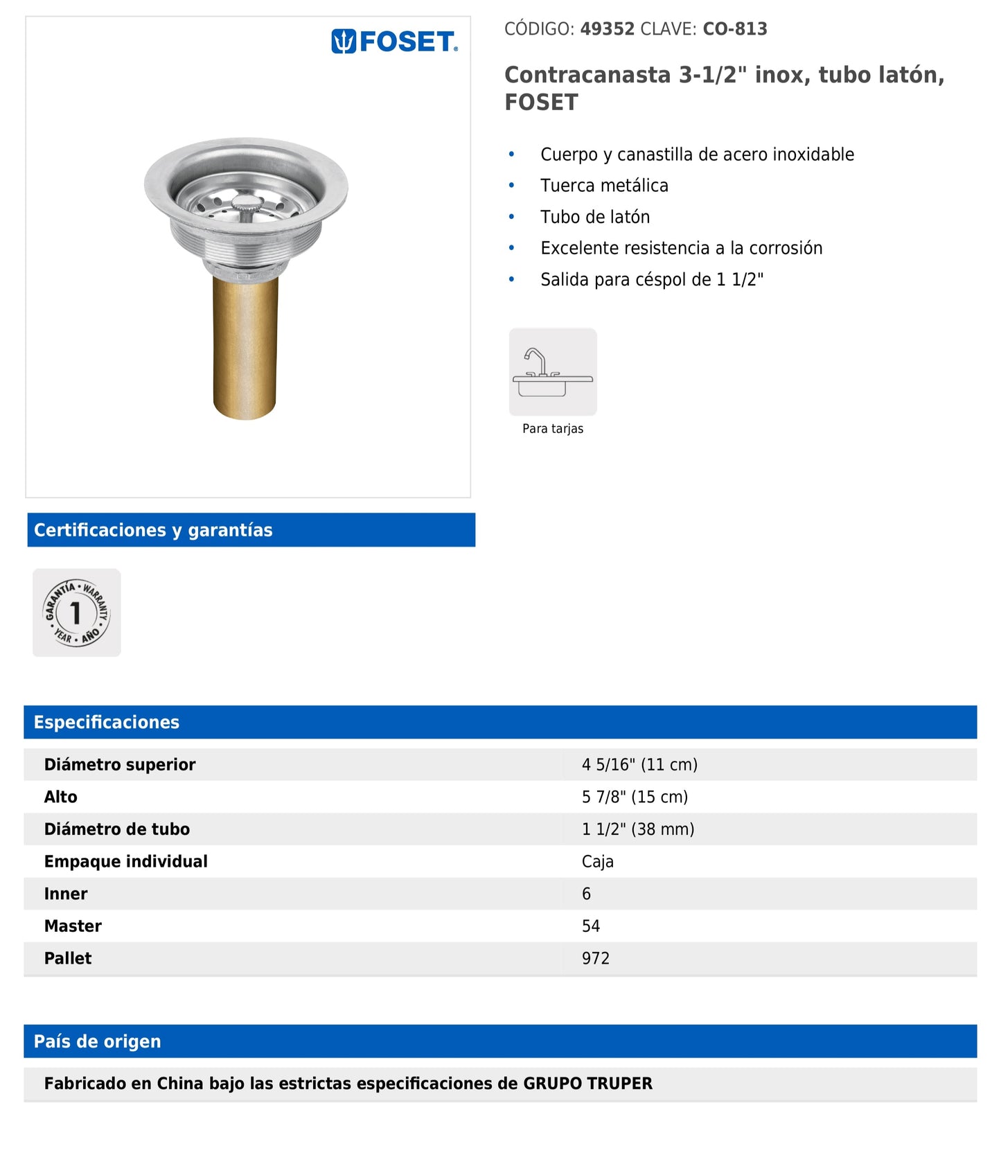 Contracanasta de 3 1/2" con tubo de latón y cuerpo de acero inoxidable