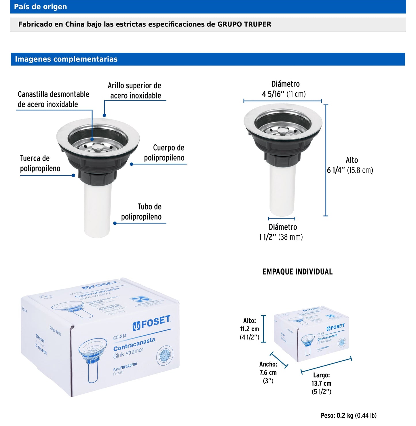 Contracanasta de 3 1/2" con tubo plástico y cuerpo de acero inoxidable