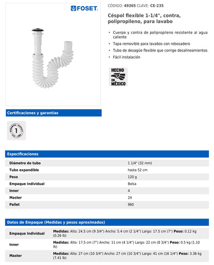 Céspol flexible de 1 1/4" con contrarejilla y tapa removible para lavabo