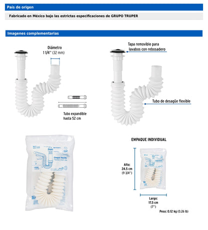 Céspol flexible de 1 1/4" con contrarejilla y tapa removible para lavabo
