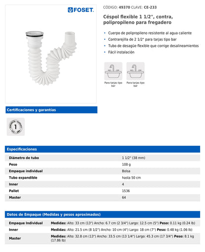 Céspol flexible de 1 1/2" con contrarejilla de 2 1/2" para tarja tipo bar