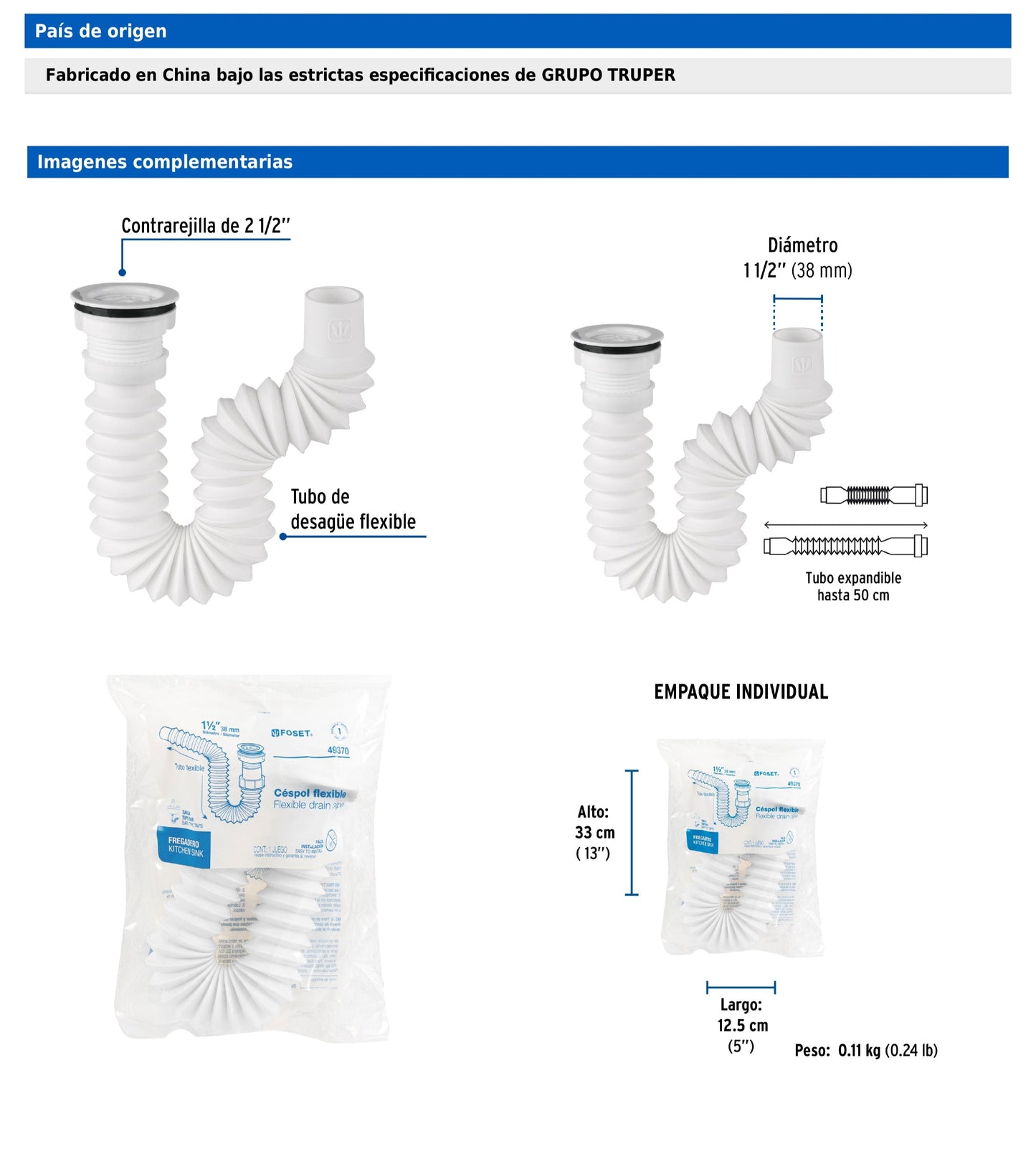 Céspol flexible de 1 1/2" con contrarejilla de 2 1/2" para tarja tipo bar