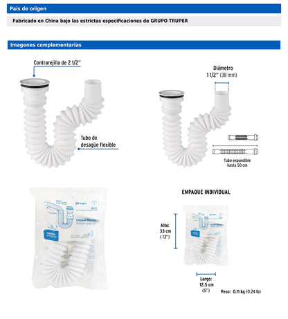 Céspol flexible de 1 1/2" con contrarejilla de 2 1/2" para tarja tipo bar