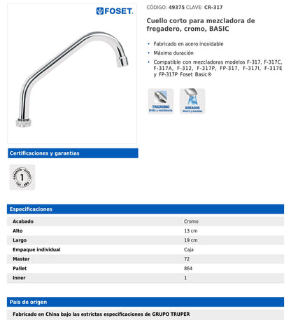 Cuello corto para mezcladora de fregadero de 19 cm en acero inoxidable