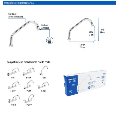 Cuello corto para mezcladora de fregadero de 19 cm en acero inoxidable