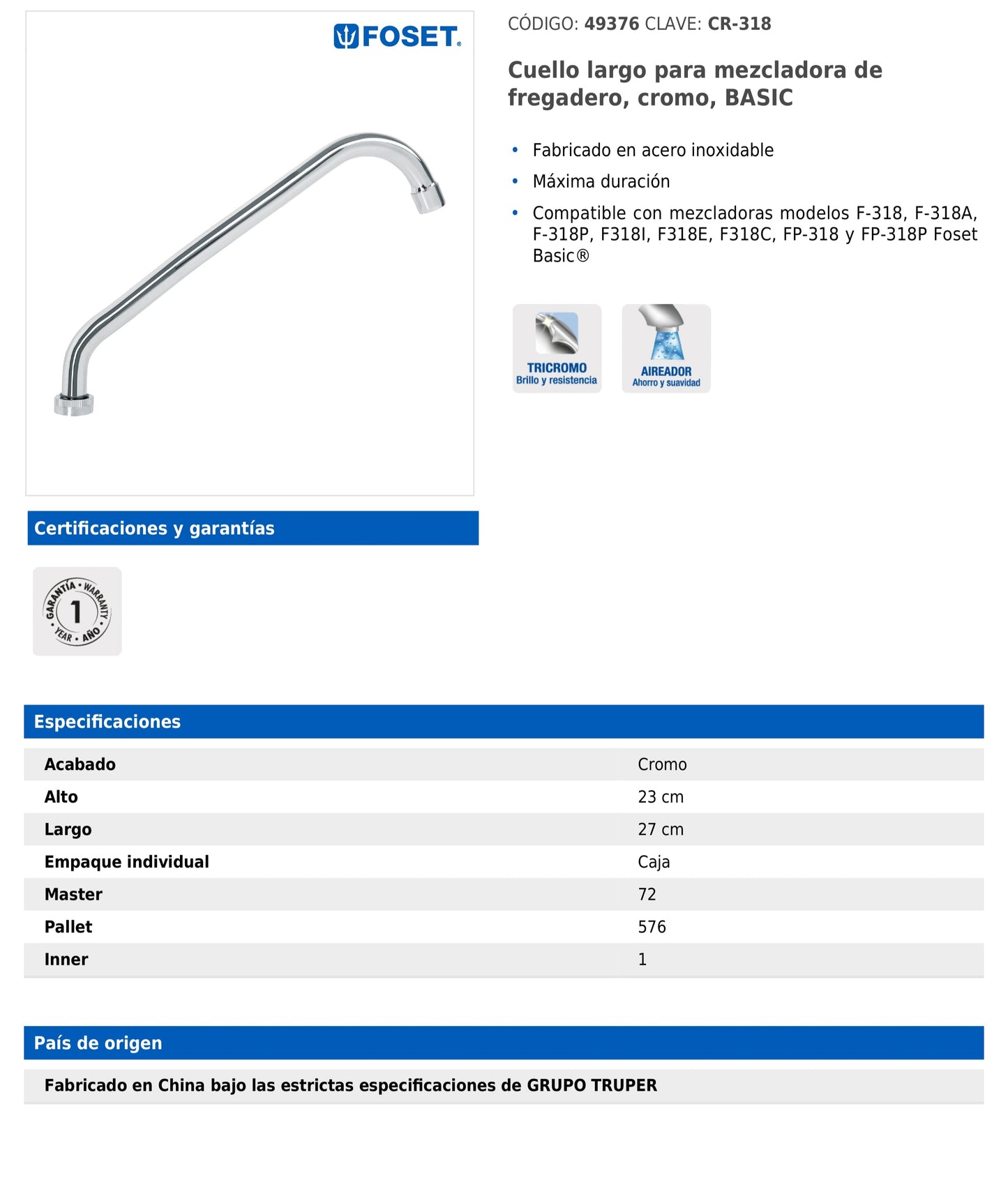 Cuello largo para mezcladora de fregadero de 27 cm en acero inoxidable