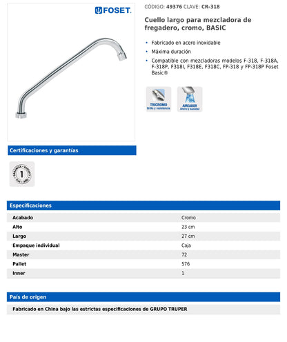 Cuello largo para mezcladora de fregadero de 27 cm en acero inoxidable