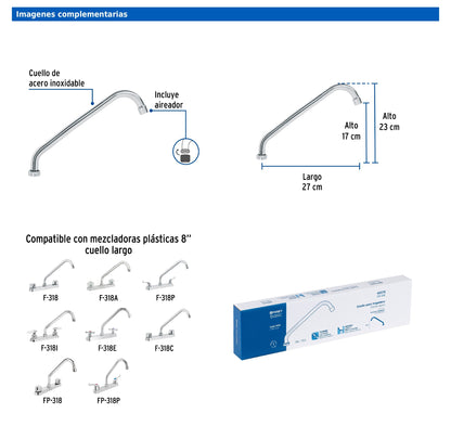 Cuello largo para mezcladora de fregadero de 27 cm en acero inoxidable