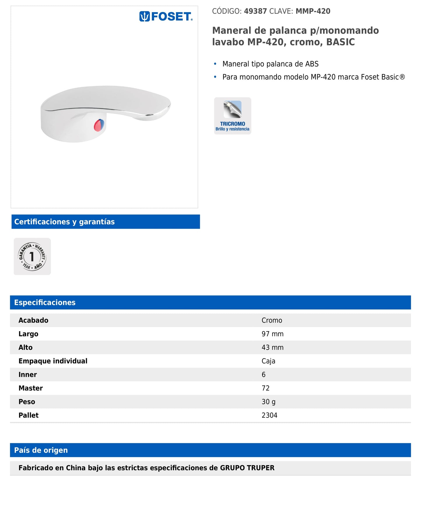 Maneral tipo palanca de ABS para monomando de lavabo modelo MP-420