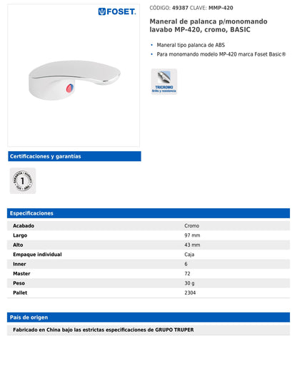 Maneral tipo palanca de ABS para monomando de lavabo modelo MP-420