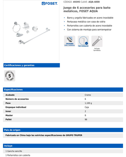 Juego de 6 accesorios para baño metálicos