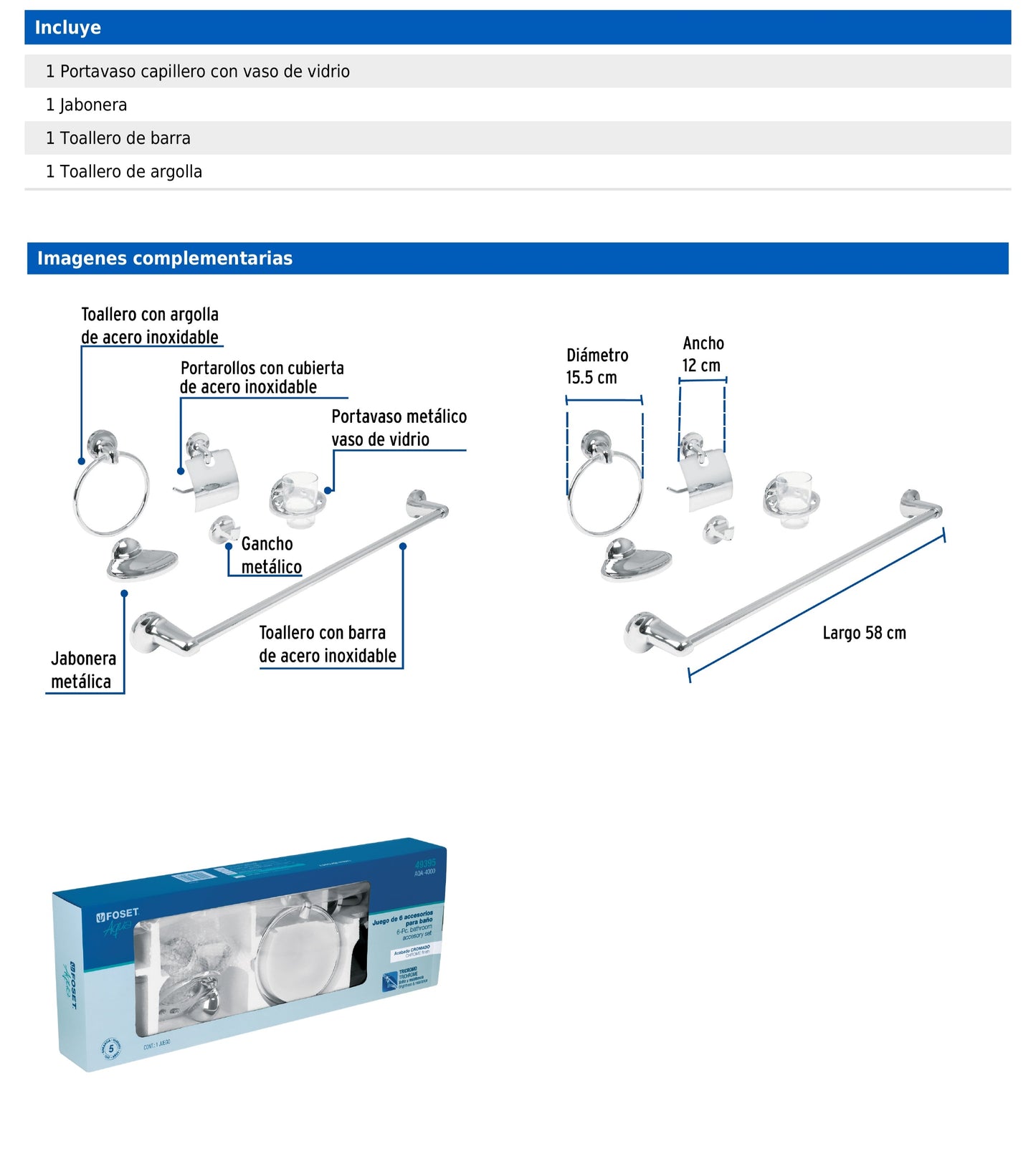 Juego de 6 accesorios para baño metálicos