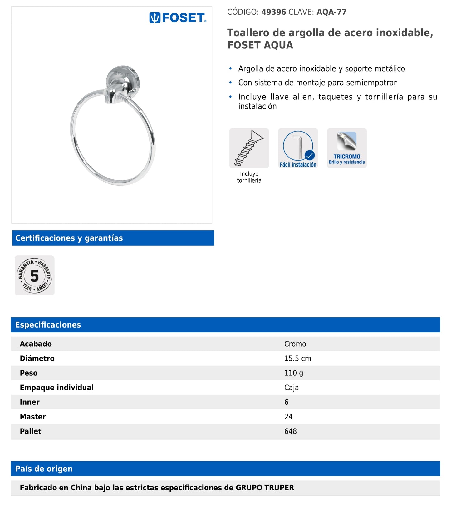 Toallero de argolla con soporte metálico