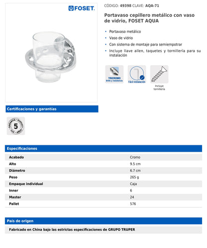 Portavaso cepillero metálico con vaso de vidrio
