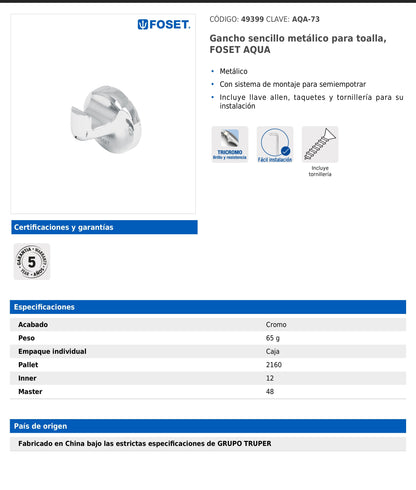 Gancho sencillo metálico para toalla