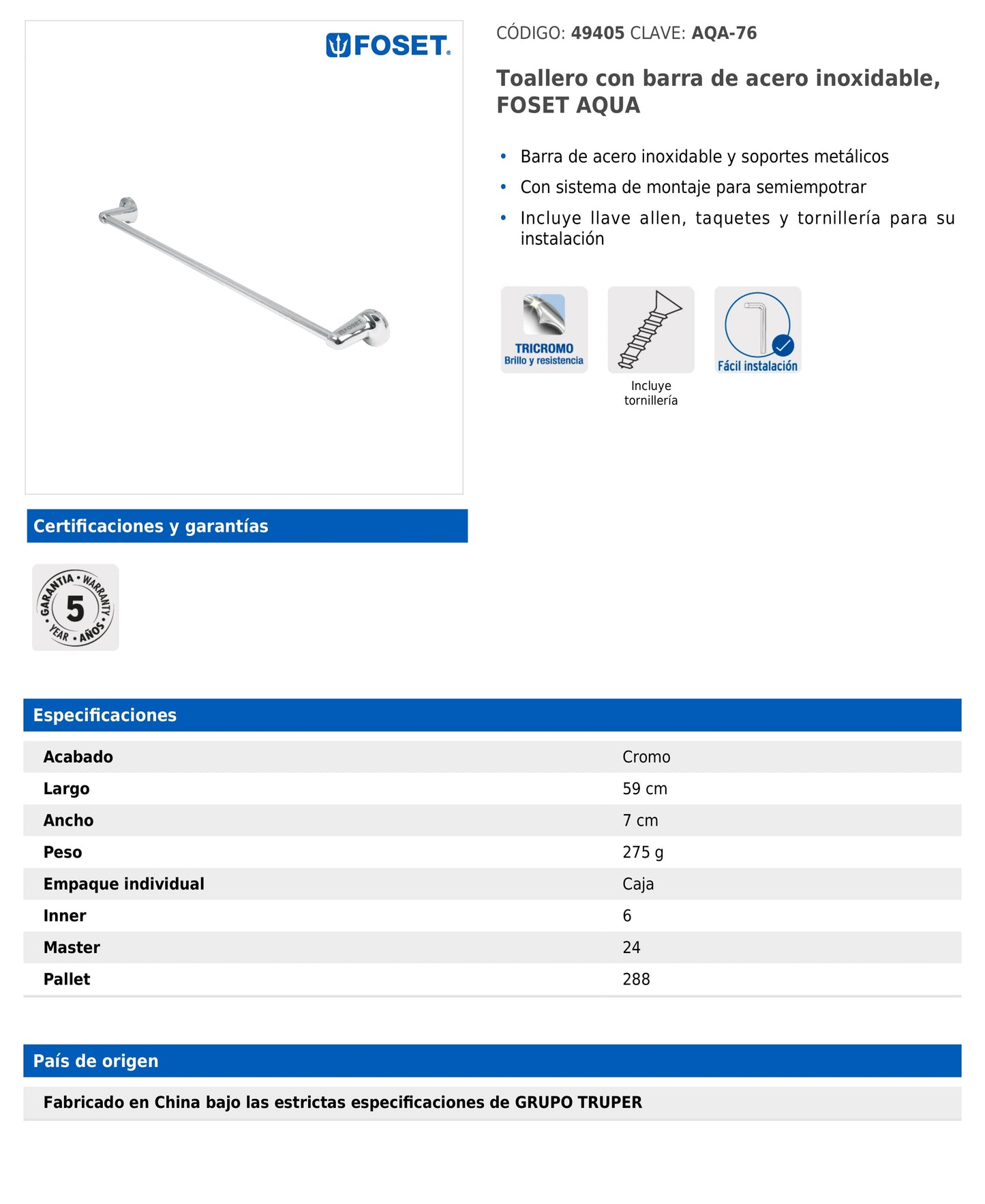 Toallero con barra de acero inoxidable