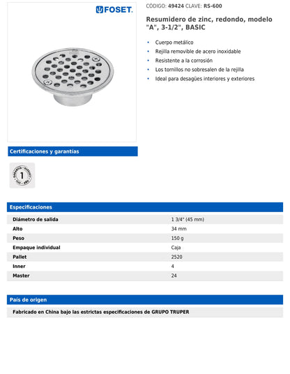 Resumidero de zinc redondo modelo A de 3 1/2 pulgadas