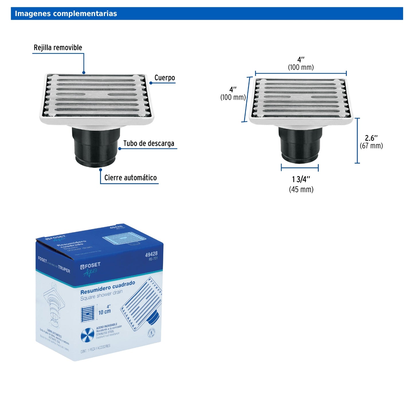 Resumidero cuadrado de 4" x 4" en acero inoxidable con cierre automático