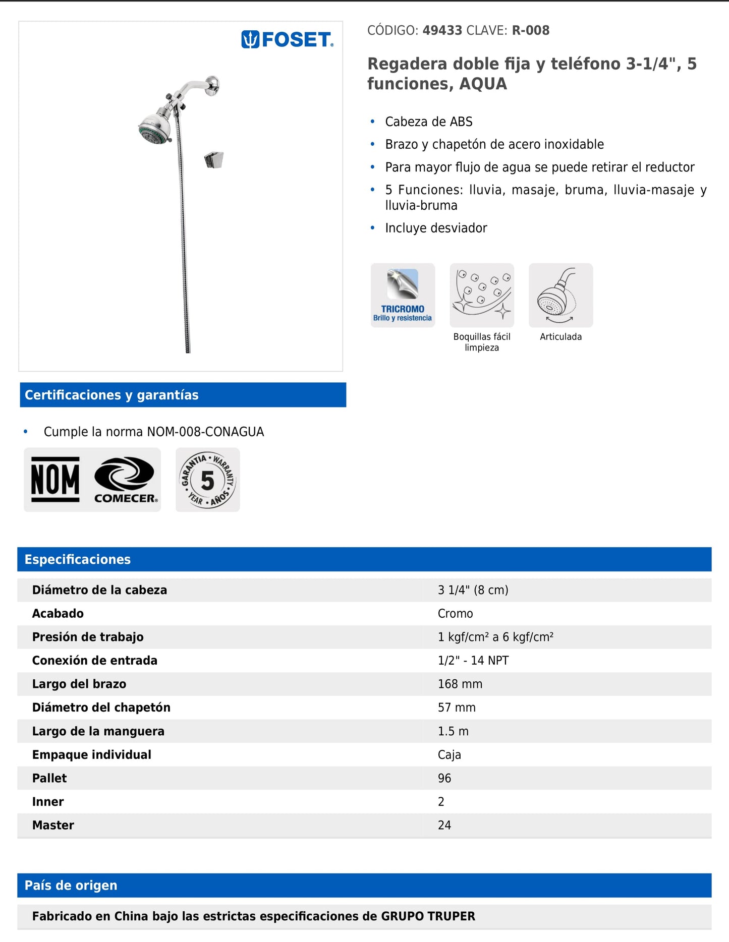 Regadera doble fija y teléfono de 3-1/4" con 5 funciones