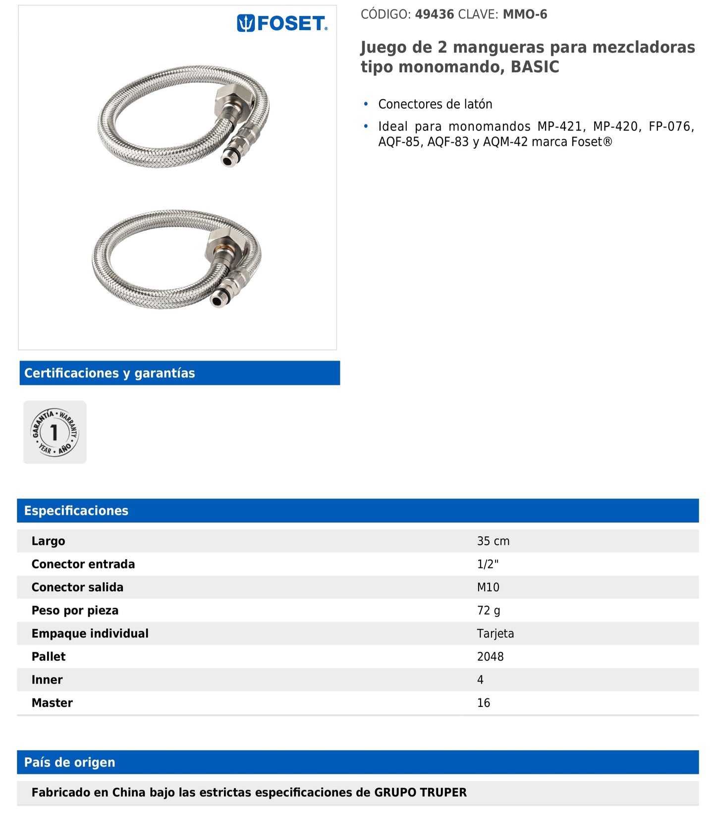 Juego de 2 mangueras de 35 cm para mezcladoras tipo monomando con conectores de latón