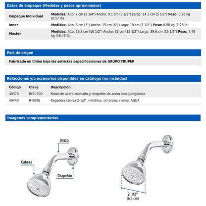 Regadera cónica metálica de 2-1/2" con brazo y chapetón cromados