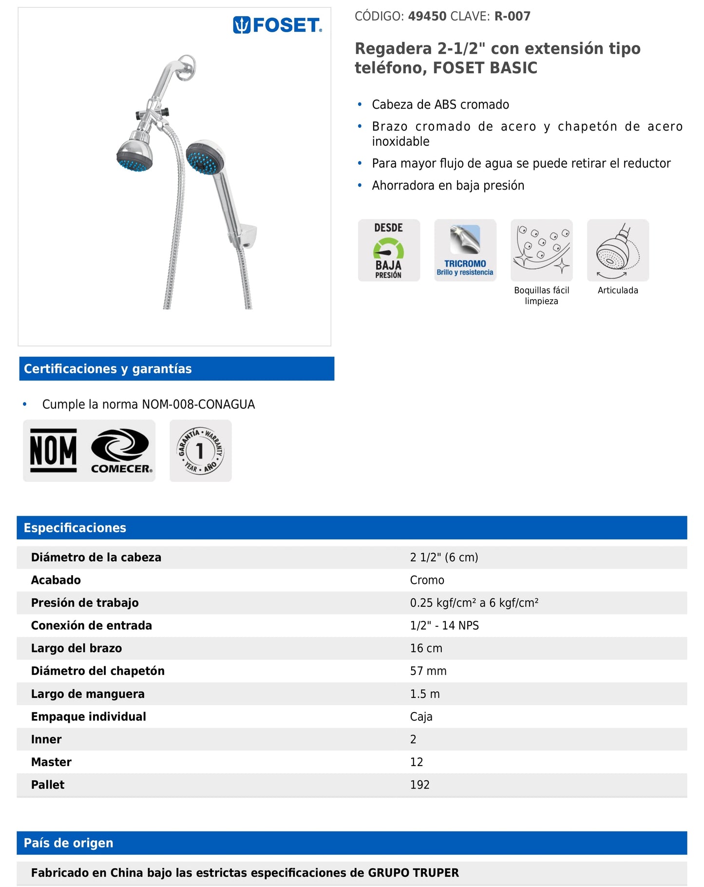 Regadera de 2-1/2" con brazo tipo teléfono y manguera de 1.5 m