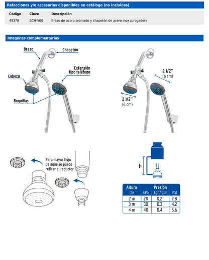 Regadera de 2-1/2" con brazo tipo teléfono y manguera de 1.5 m
