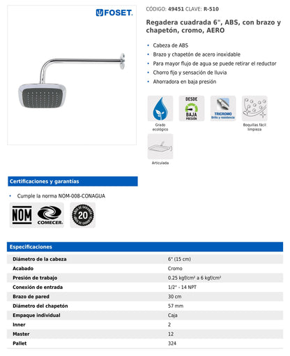 Regadera cuadrada de 6" en ABS con brazo y chapetón cromados
