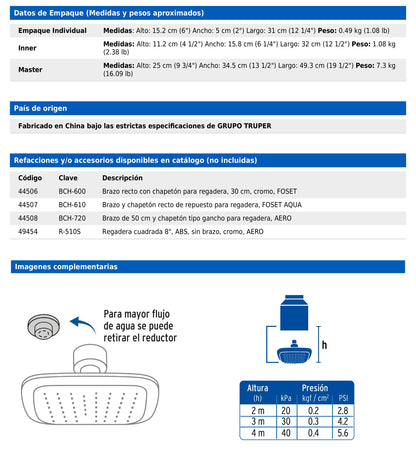 Regadera cuadrada de 6" en ABS con brazo y chapetón cromados