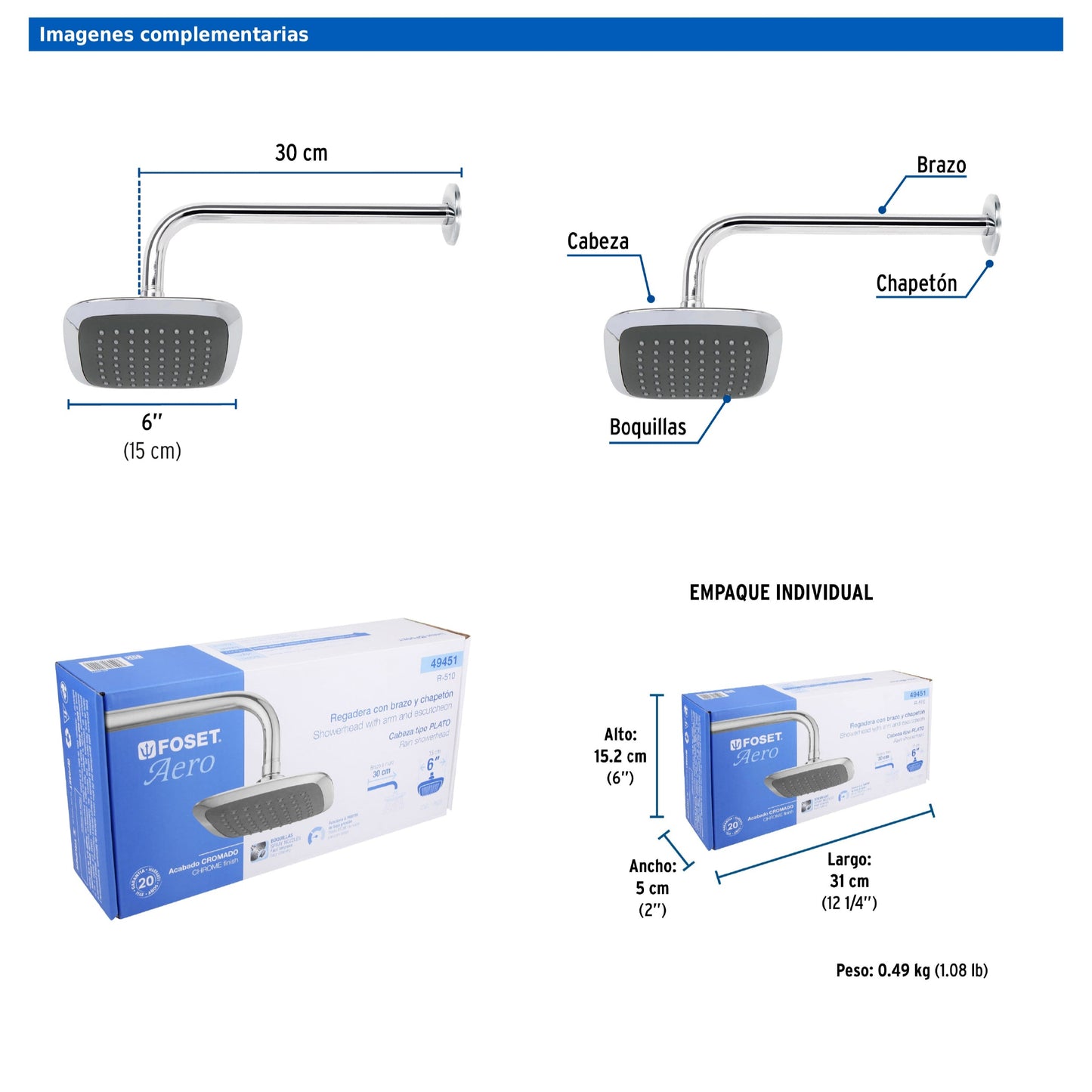 Regadera cuadrada de 6" en ABS con brazo y chapetón cromados