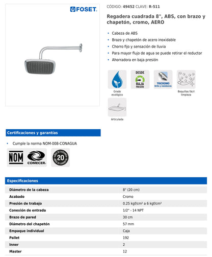 Regadera cuadrada de 8" en ABS con brazo y chapetón cromados