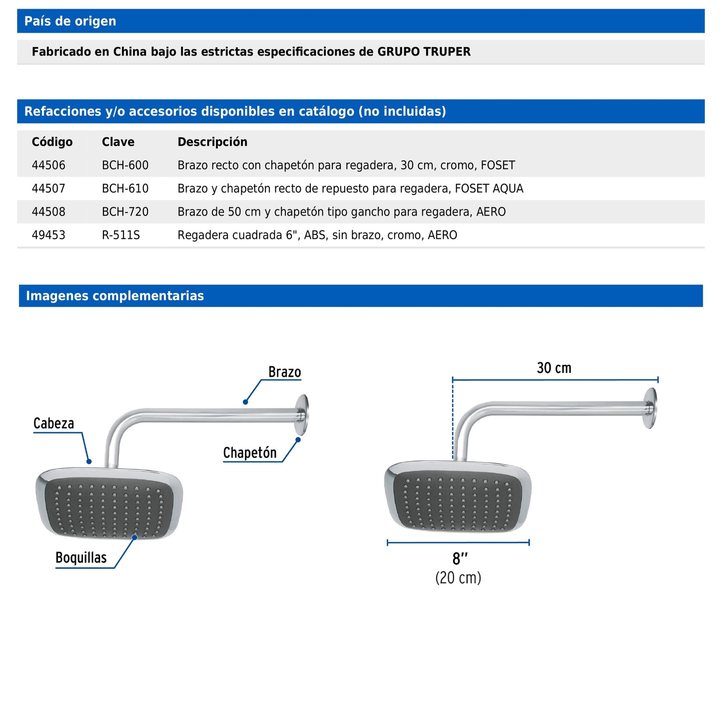 Regadera cuadrada de 8" en ABS con brazo y chapetón cromados