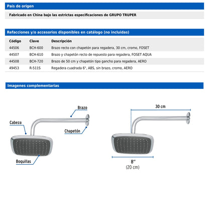 Regadera cuadrada de 8" en ABS con brazo y chapetón cromados
