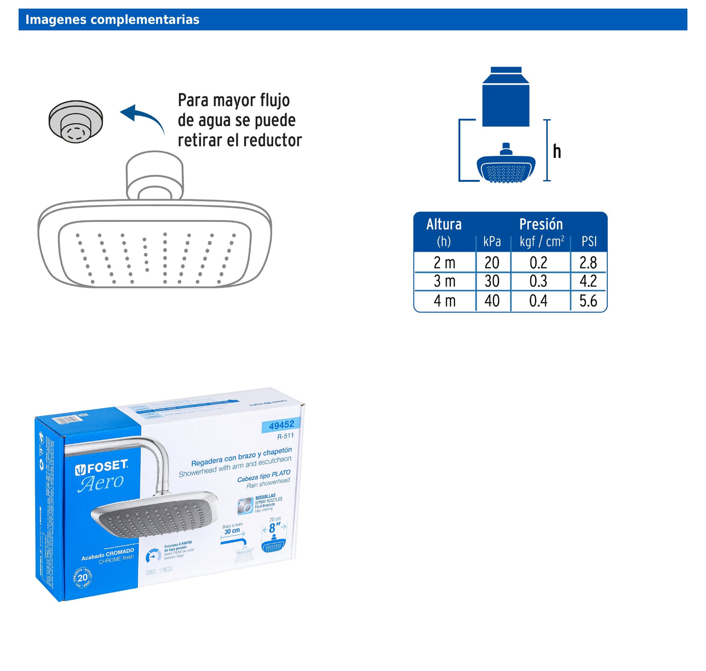 Regadera cuadrada de 8" en ABS con brazo y chapetón cromados