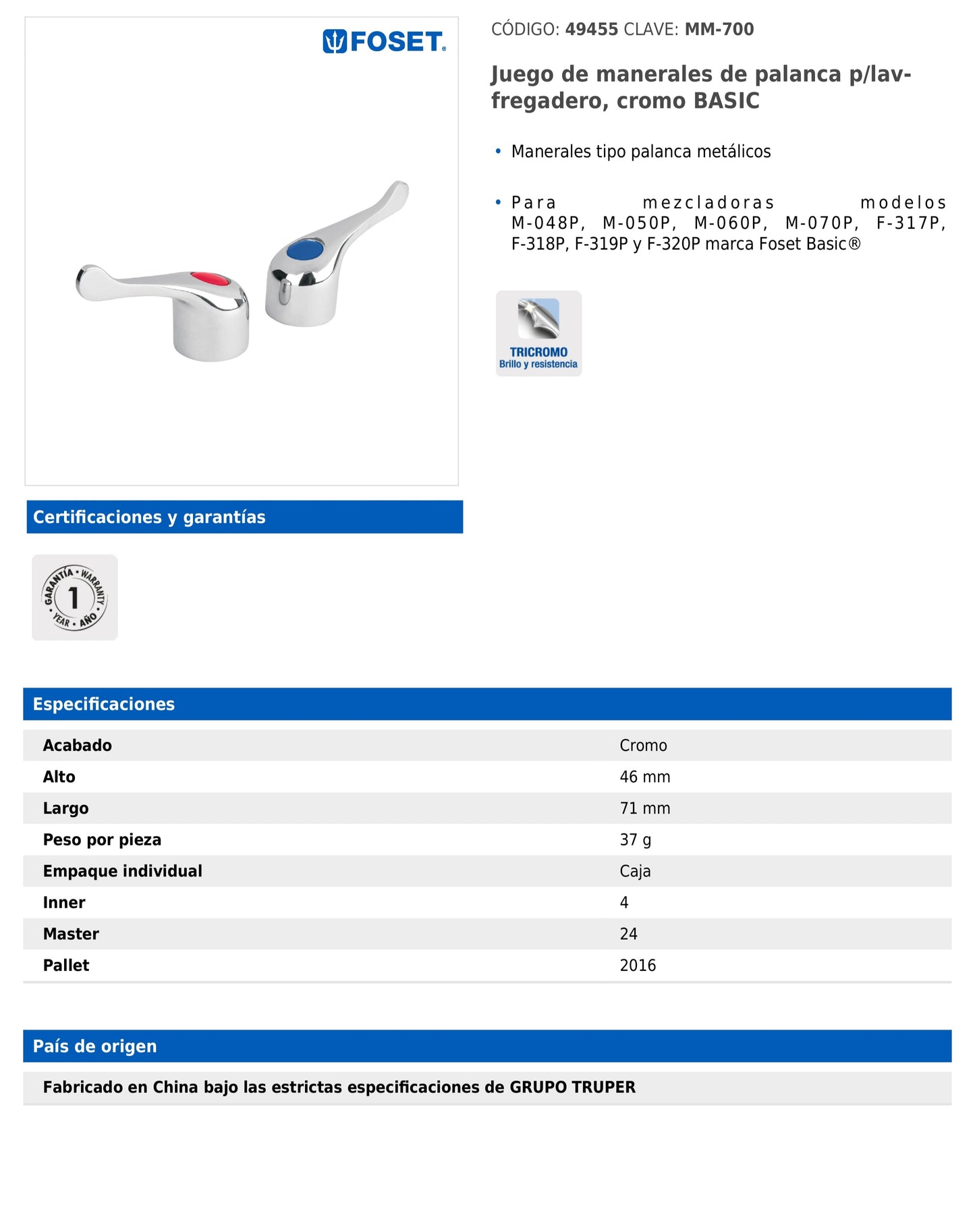 Juego de manerales tipo palanca metálicos para mezcladoras