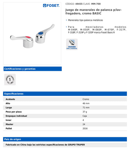 Juego de manerales tipo palanca metálicos para mezcladoras