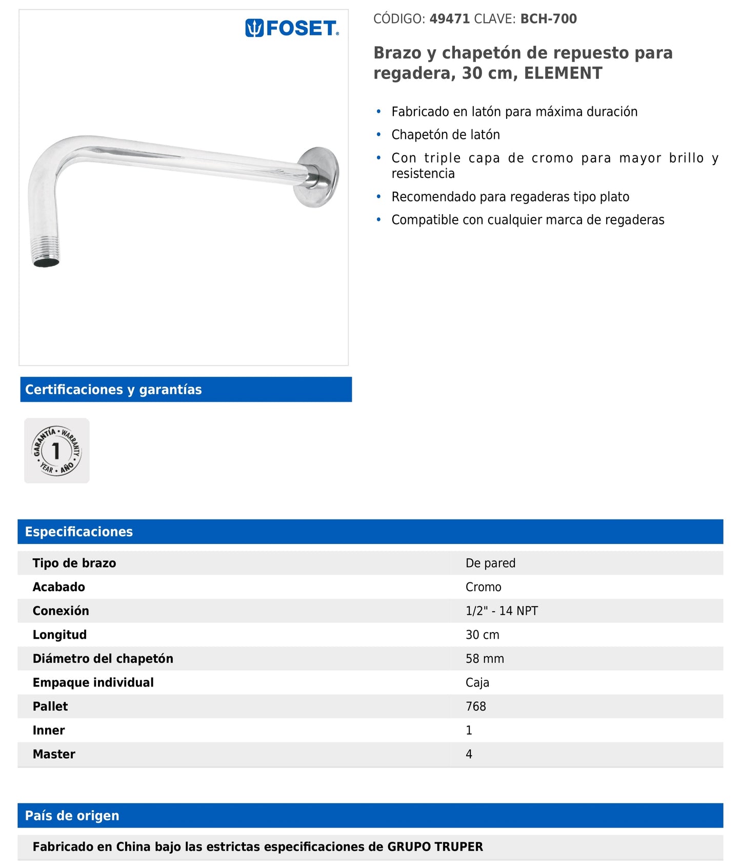 Brazo recto de 30 cm con chapetón para regadera