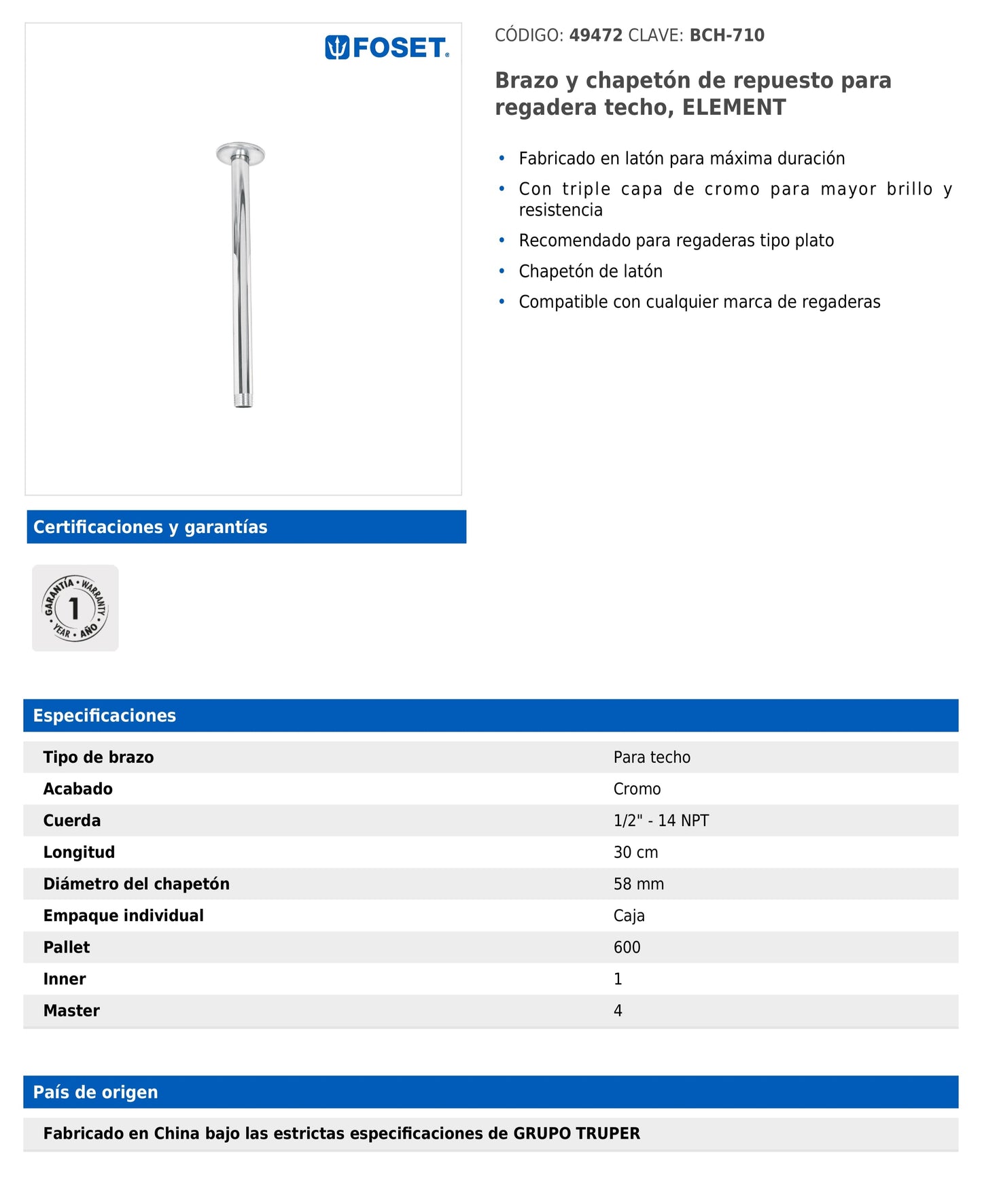 Brazo de techo de 30 cm con chapetón para regadera
