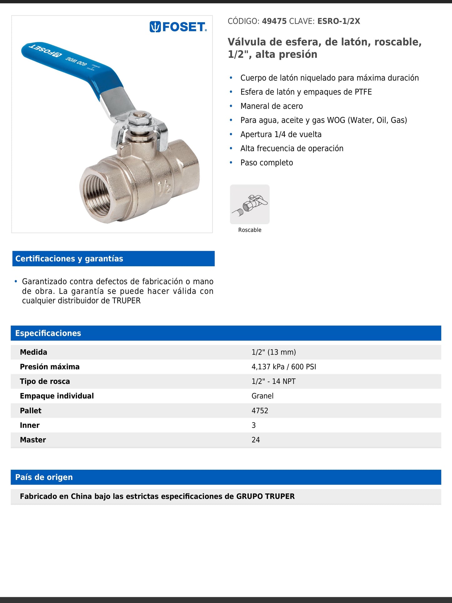 Válvula de esfera de latón roscable de 1/2 pulgada alta presión con maneral de acero