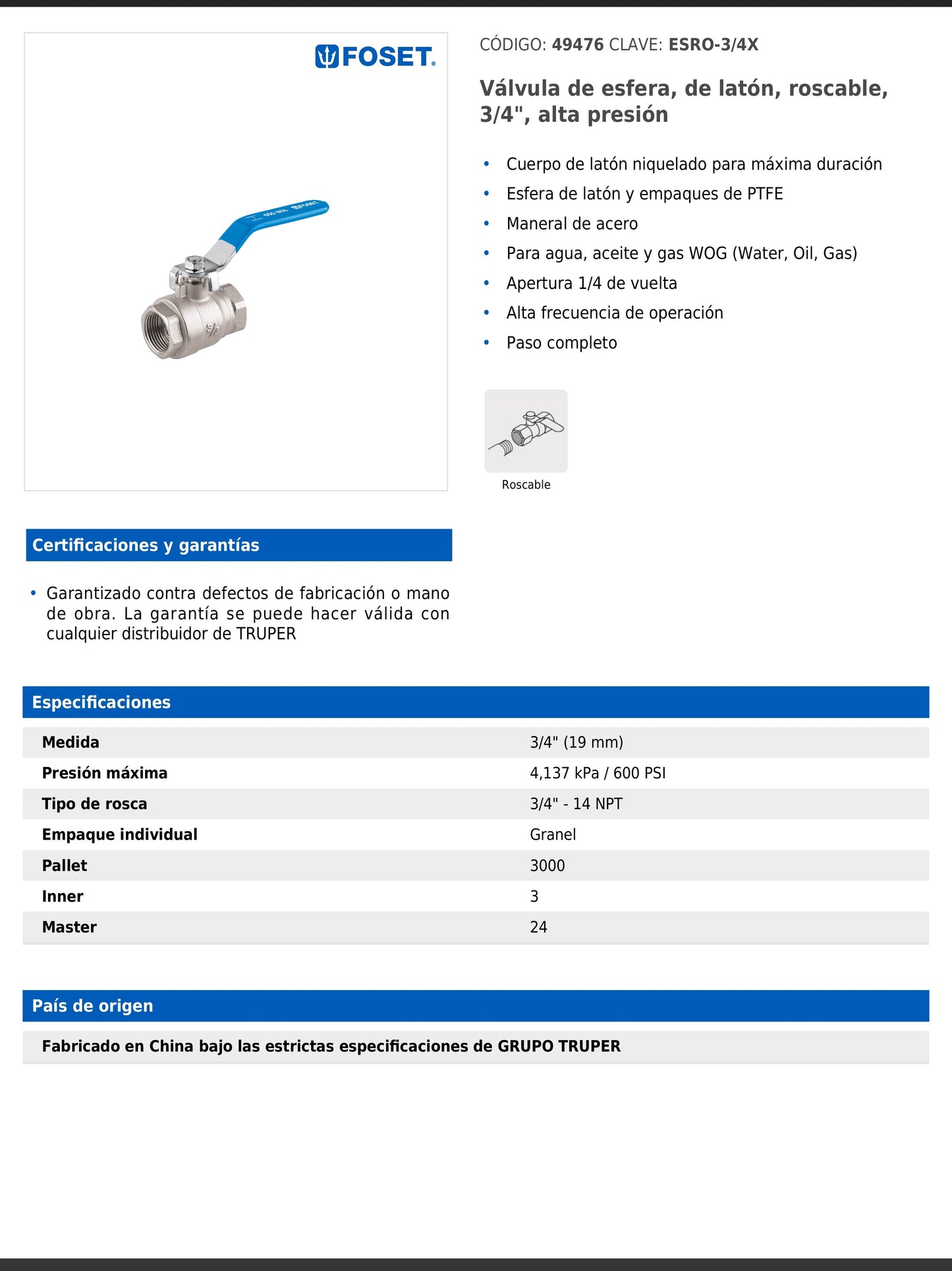 Válvula de esfera de latón roscable de 3/4 pulgada alta presión con maneral de acero