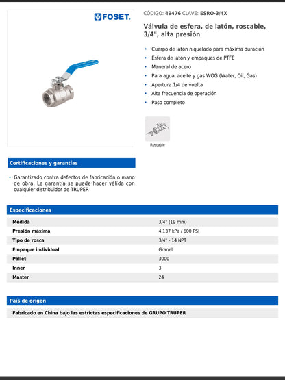 Válvula de esfera de latón roscable de 3/4 pulgada alta presión con maneral de acero