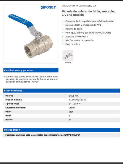 Válvula de esfera de latón roscable de 1 pulgada alta presión con maneral de acero