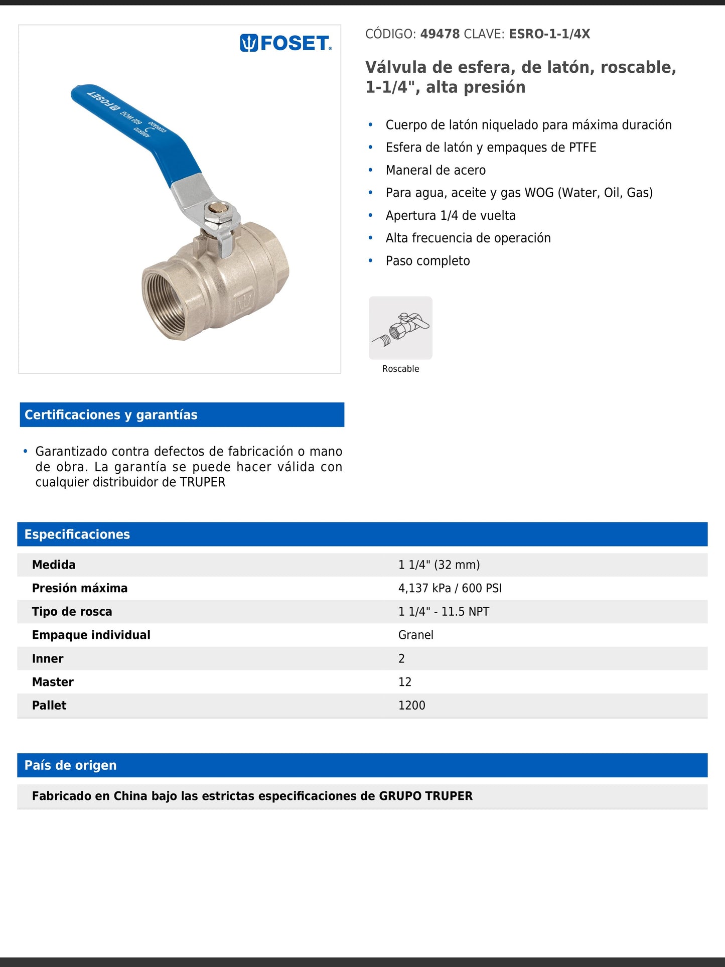 Válvula de esfera de latón roscable de 1 1/4 pulgadas alta presión con maneral de acero