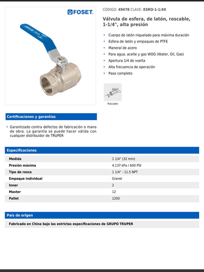 Válvula de esfera de latón roscable de 1 1/4 pulgadas alta presión con maneral de acero