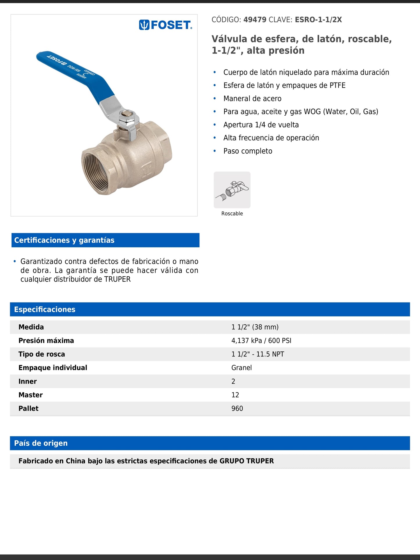 Válvula de esfera de latón roscable de 1 1/2 pulgadas alta presión con maneral de acero